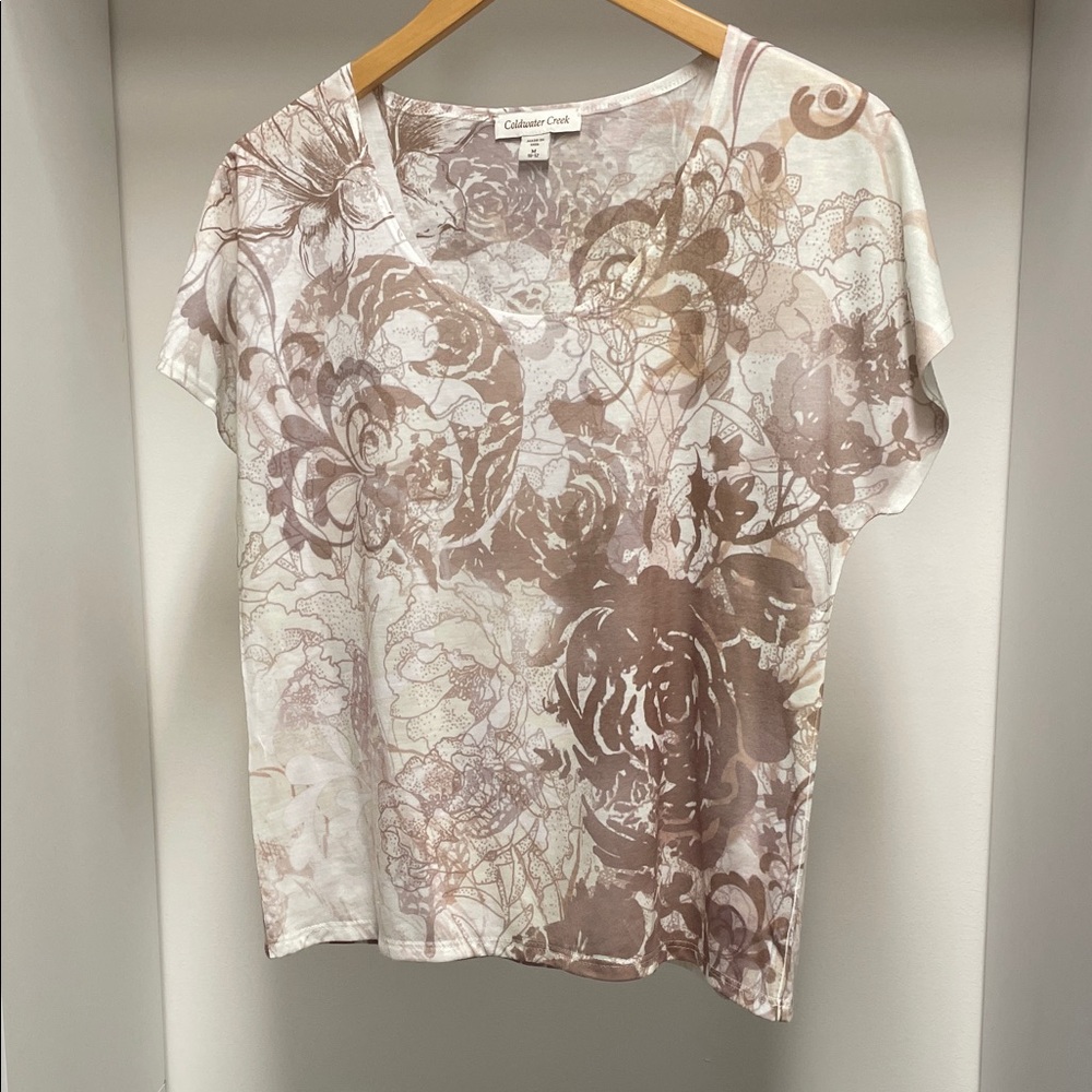 Coldwater Creek Women's Top - Cream and Brown Floral NWOT Size M